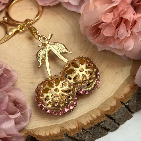 Whimsical Red Crystal Cherries Keychain Charm - Picture 10 of 13